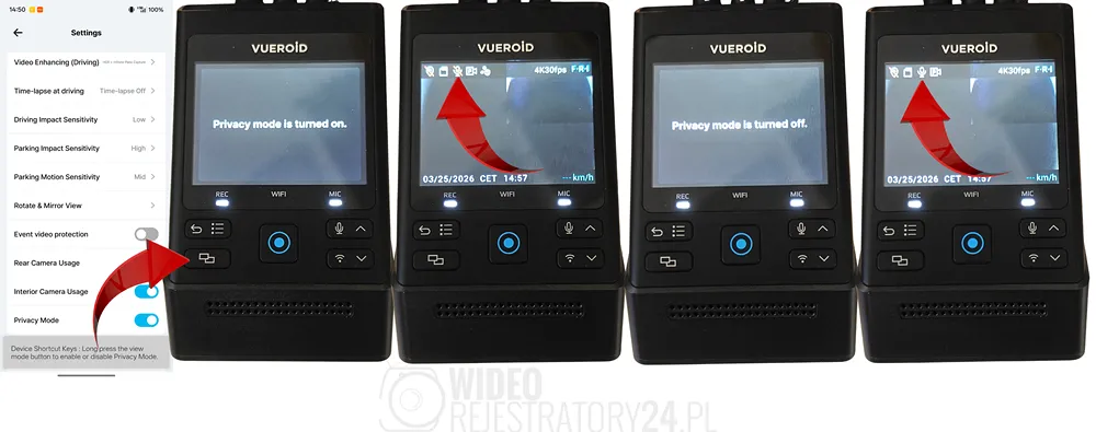 ulepszony tryb prywatności w kamerze samochodowej vueroid s1 4k